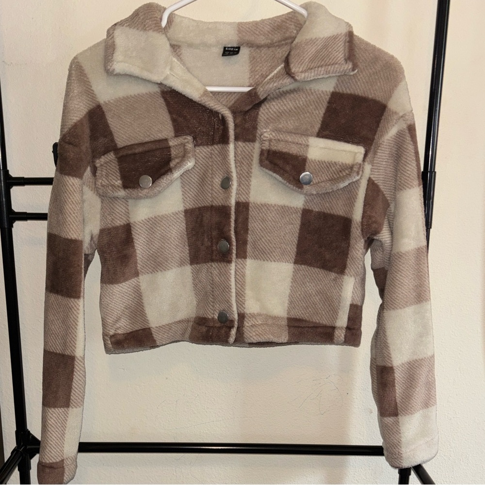 Woman’s/Juniors Fleece Jacket - Brown and Cream Buffalo Print, Cropped, Size XS